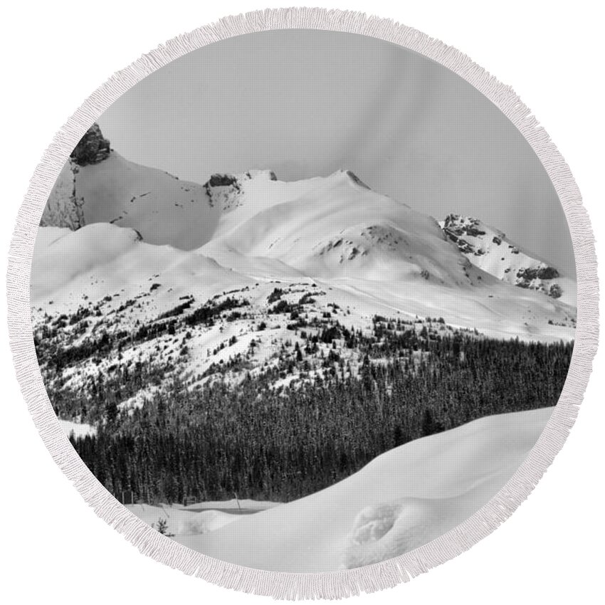 Canadian Round Beach Towel featuring the photograph Canadian Rockies Winter Peak Black And White by Adam Jewell