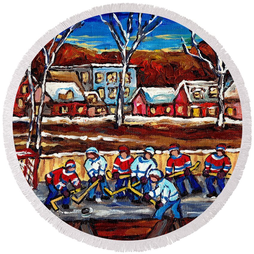 Hockey Round Beach Towel featuring the painting Canadian Village Scene Outdoor Hockey Rink Handpainted Original Art For Sale C Spandau Winter Scenes by Carole Spandau