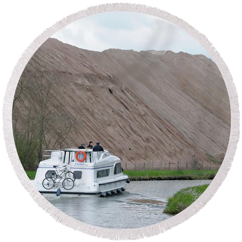 Transportation Round Beach Towel featuring the photograph Canal boat on the Nivernais Canal running through the Picampoix quarry, Nievre, Burgundy, France by Kevin Oke