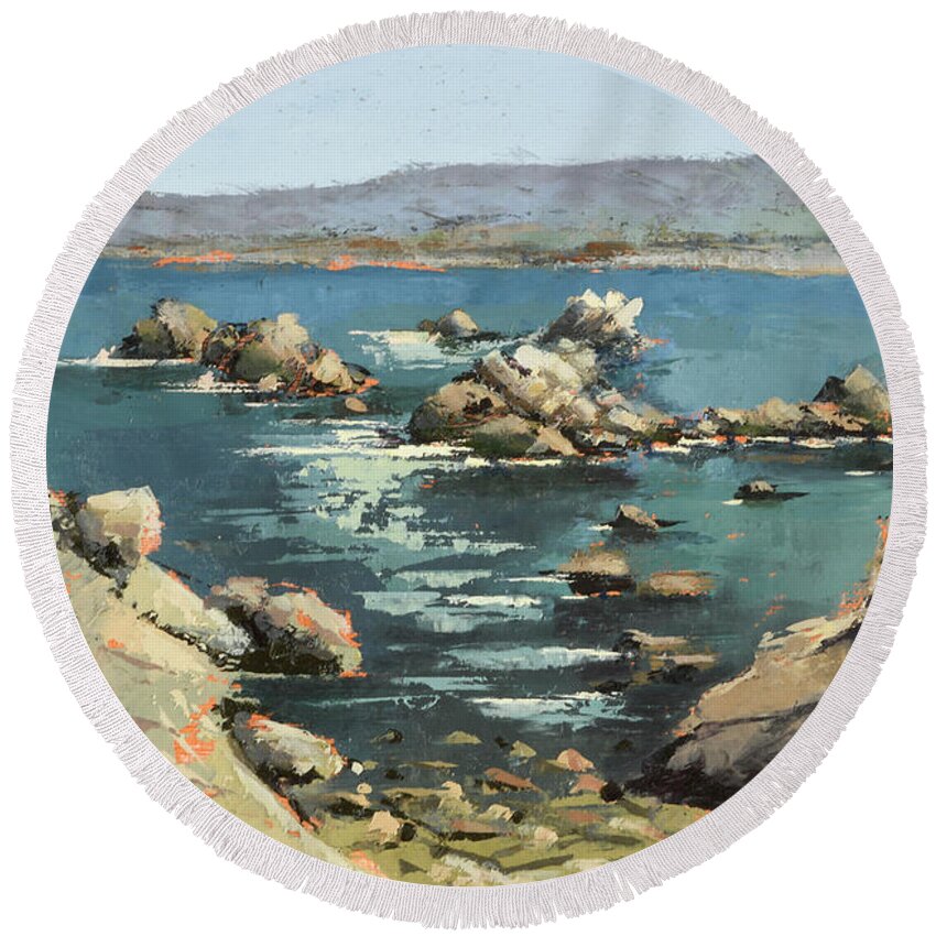 Landscape Round Beach Towel featuring the painting Canary Point Overlook by PJ Kirk