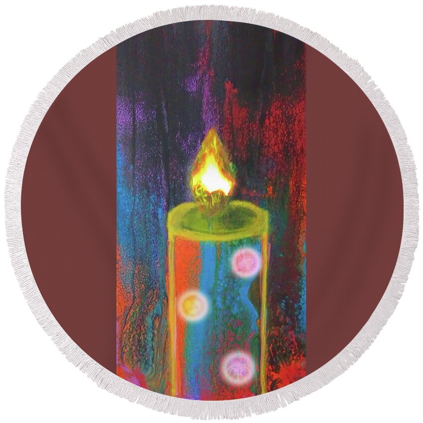 Candle Round Beach Towel featuring the mixed media Candle In The Rain by Anna Adams