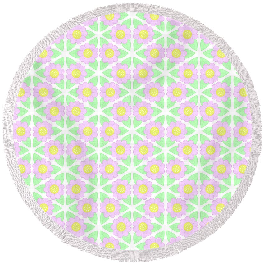 Flower Pattern Round Beach Towel featuring the digital art Candy Flower - Pink, Yellow and Green Floral Pattern by LJ Knight