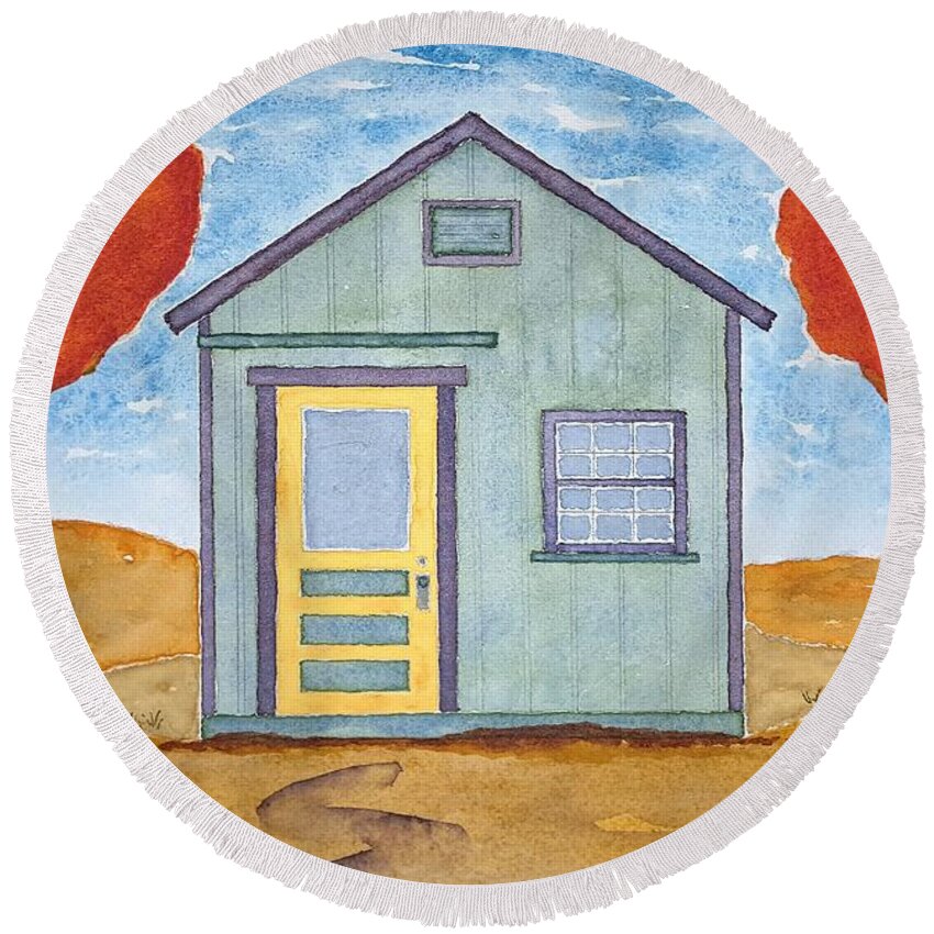 Watercolor Round Beach Towel featuring the painting Cannery Row Shack by John Klobucher