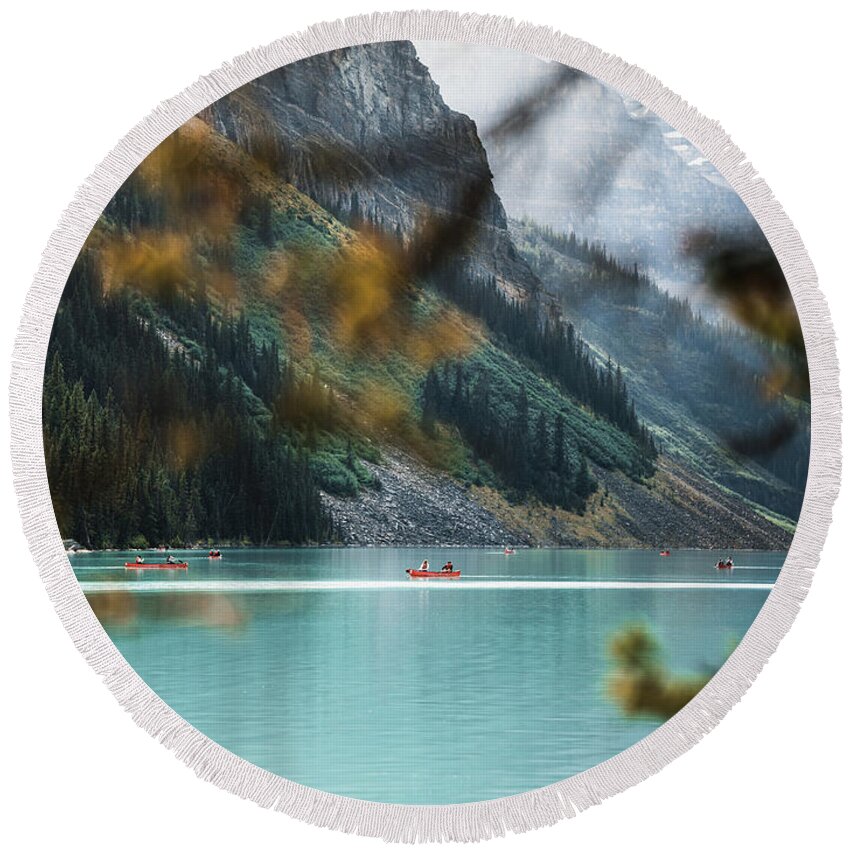  Round Beach Towel featuring the photograph Canoe at Lake Louise by William Boggs