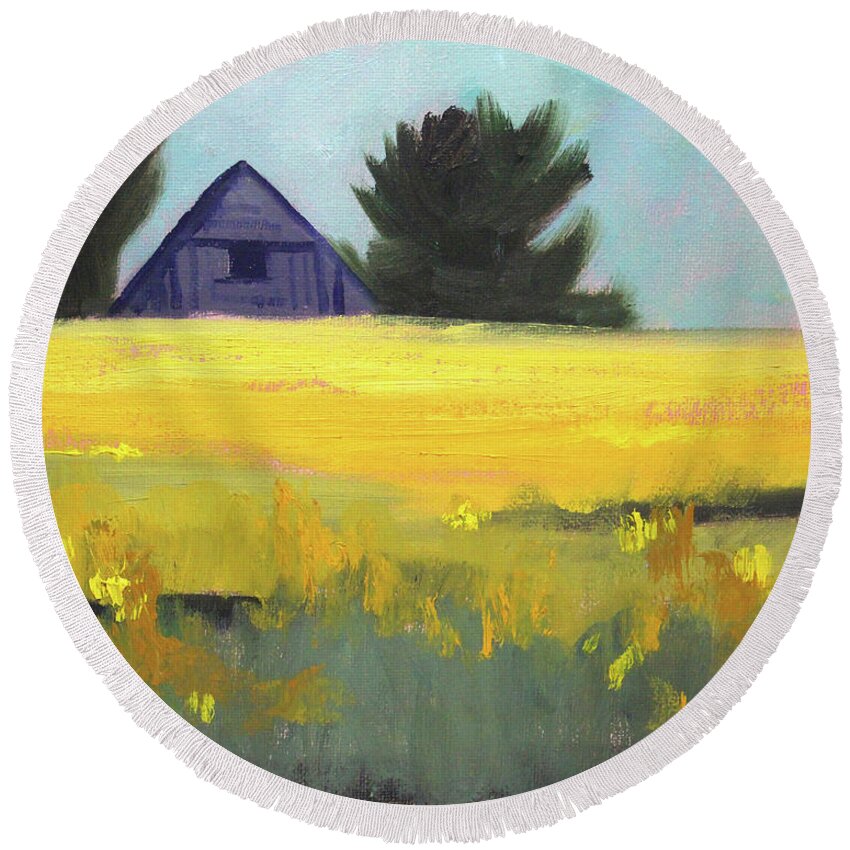 Canola Field Round Beach Towel featuring the painting Canola Field by Nancy Merkle