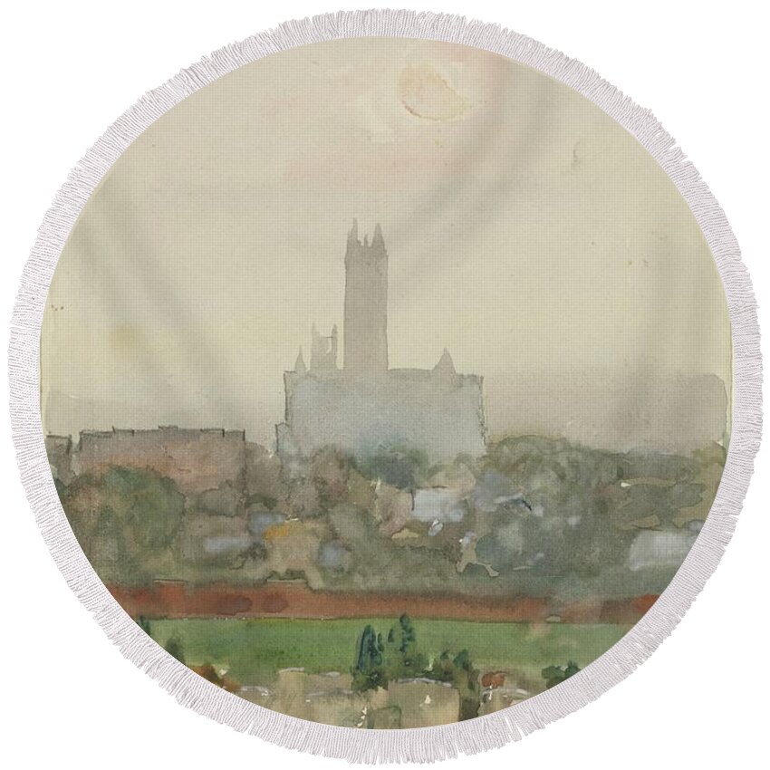Canterbury Cathedral 1889 Childe Hassam Sketch Round Beach Towel featuring the painting Canterbury Cathedral 1889 Childe Hassam by MotionAge Designs