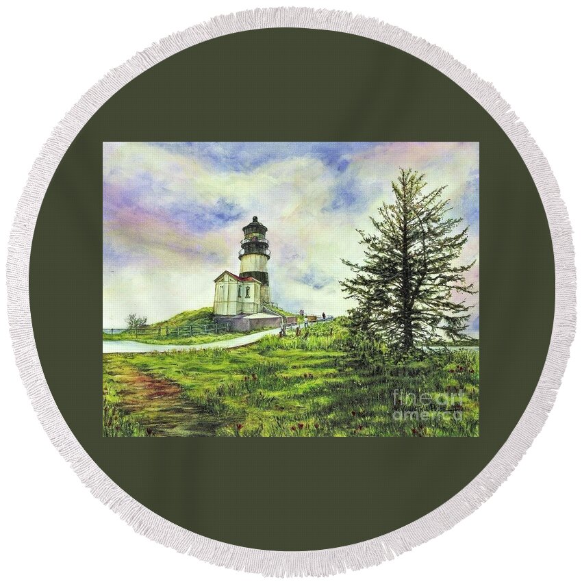 Cynthia Pride Watercolor Paintings Round Beach Towel featuring the painting Cape Disappointment Lighthouse on the Washington Coast by Cynthia Pride