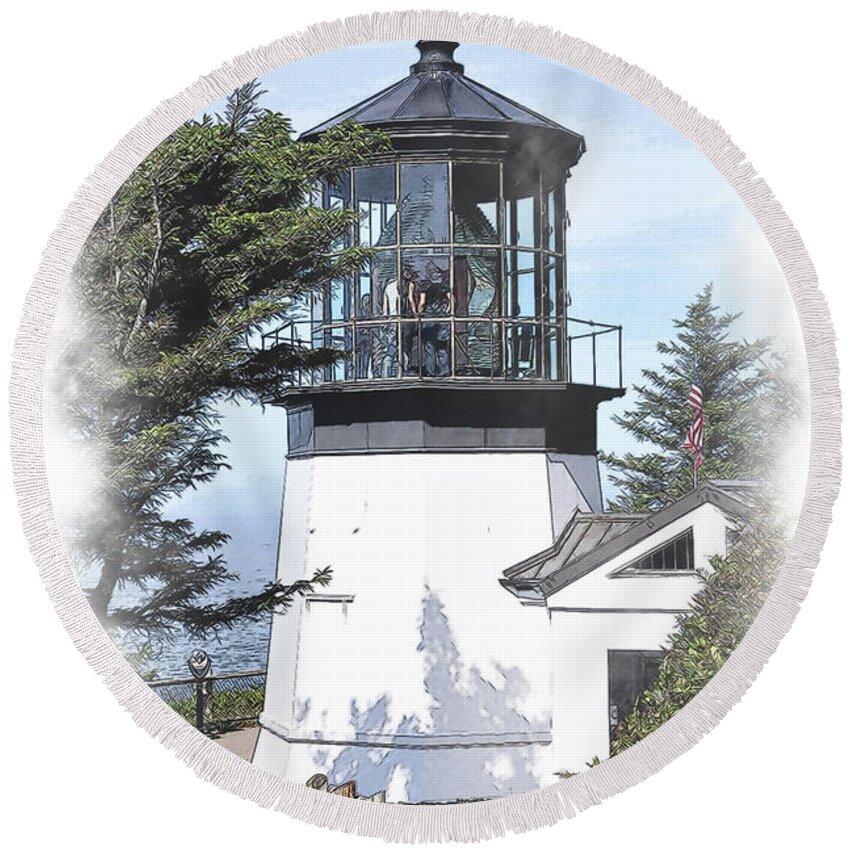 Cape-meares Round Beach Towel featuring the digital art Cape Meares Lighthouse in Watercolor by Kirt Tisdale