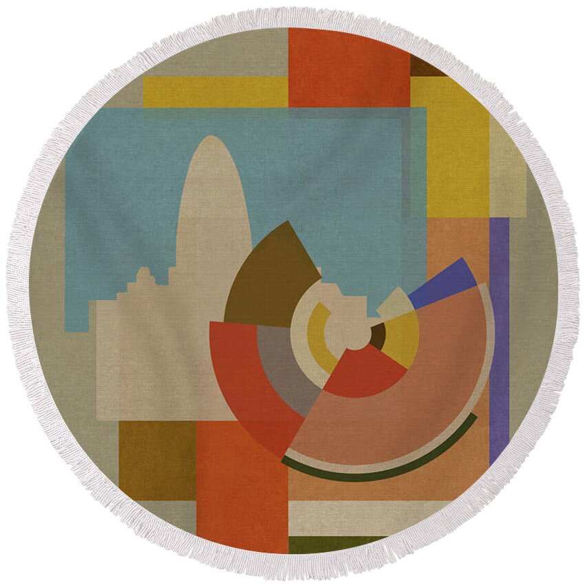 London Round Beach Towel featuring the mixed media Capital Squares - Gherkin by BFA Prints