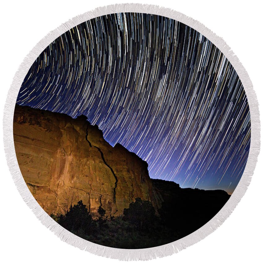 Startrail Round Beach Towel featuring the photograph Capitol Reef Star Trail by Wesley Aston