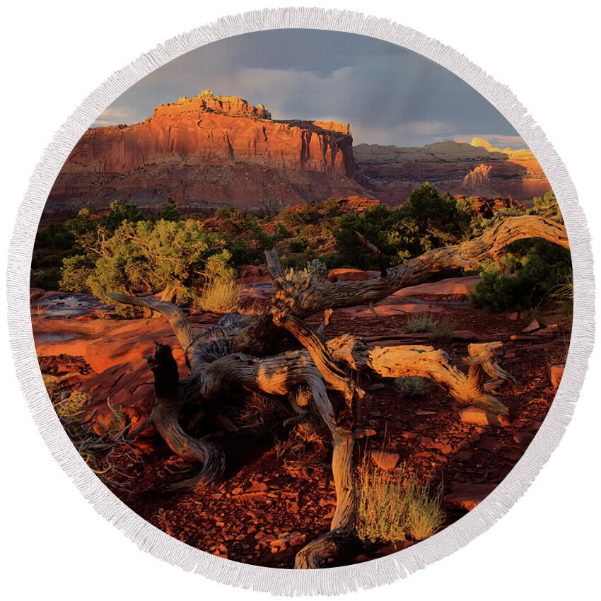 Capitol Reef Round Beach Towel featuring the photograph Capitol Reef Sunset by Bob Falcone