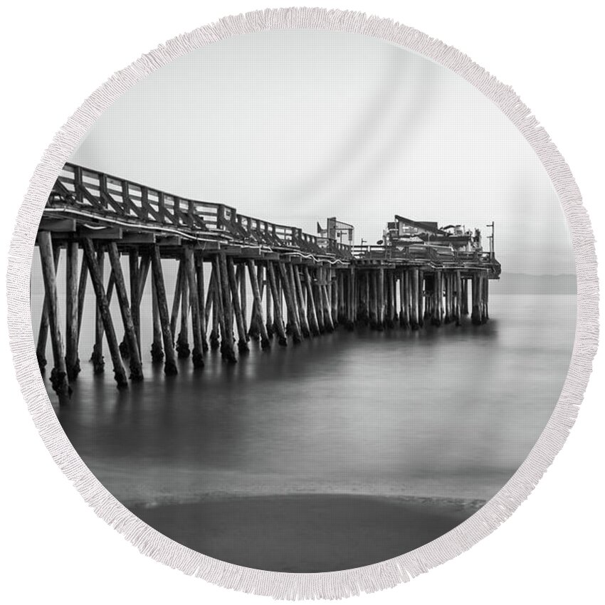America Round Beach Towel featuring the photograph Capitola Wharf North Pier Black and White Photo by Paul Velgos