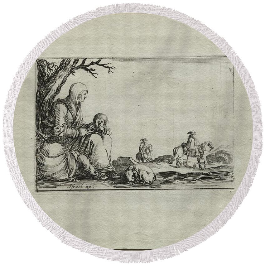 Antique Round Beach Towel featuring the painting Caprices Seated Beggar Woman with Two Children c. 1642 Stefano Della Bella by MotionAge Designs