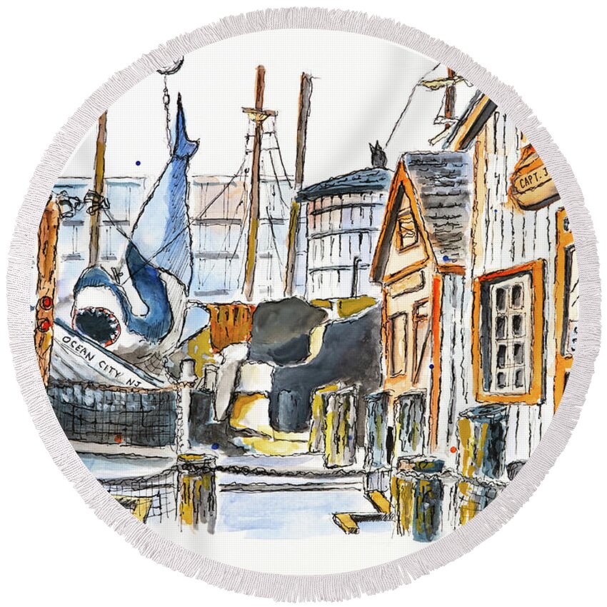 Shark Round Beach Towel featuring the drawing Capt John's Boat Works NJ by Mike Bergen