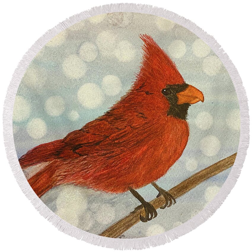 Cardinal Round Beach Towel featuring the painting Cardinal in Snow by Lisa Neuman