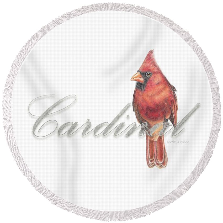 Cardinal Round Beach Towel featuring the drawing Cardinal - Male Northern Cardinal by Karrie J Butler