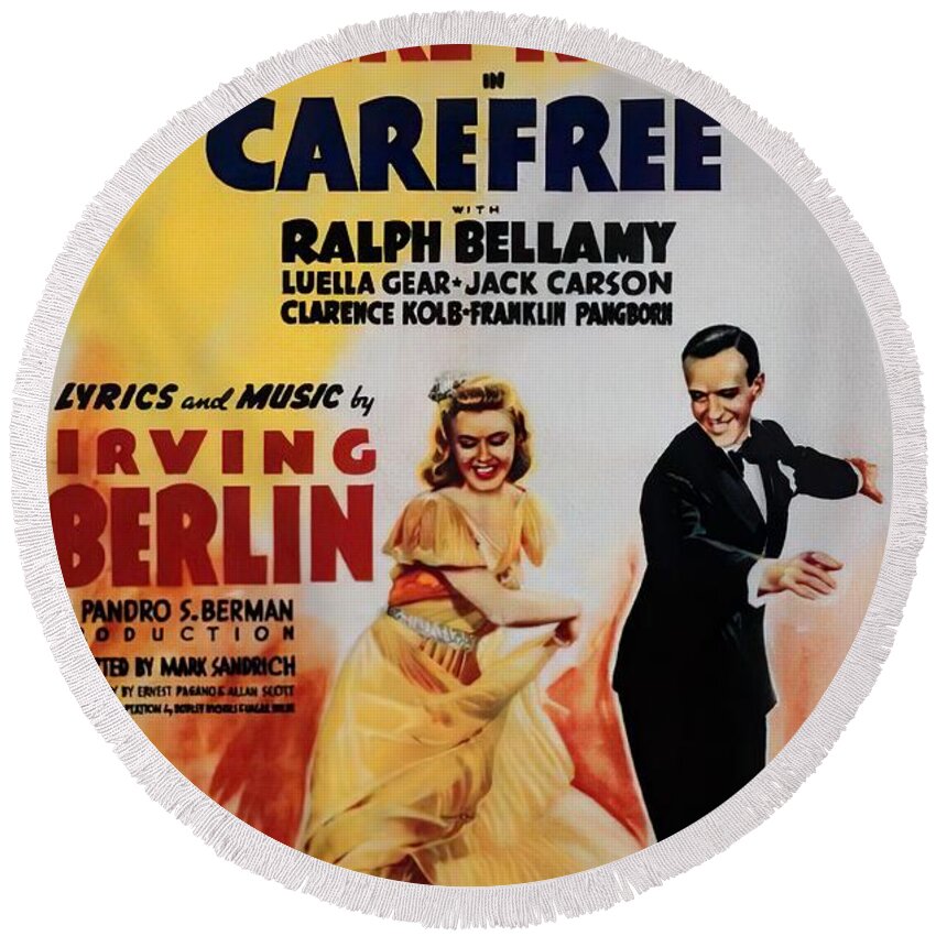 Synopsis Round Beach Towel featuring the mixed media ''Carefree'', 1938 by Movie World Posters