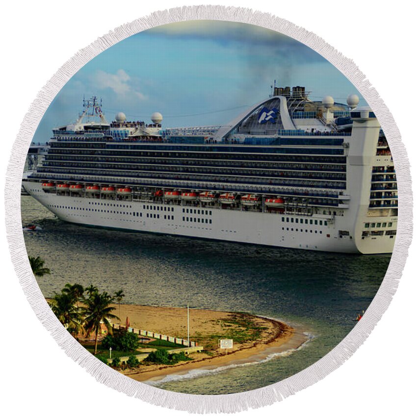 Cruise Ship; Skies; Clouds; Water; Landscape; Color; Travel Round Beach Towel featuring the photograph Caribbean Princess #1 by AE Jones