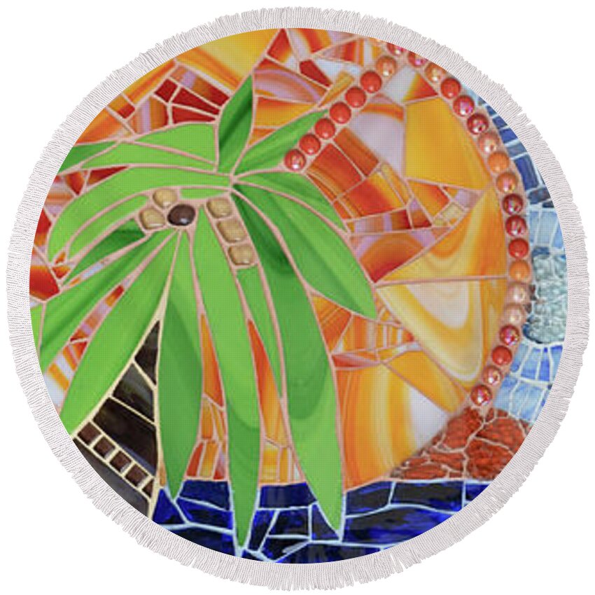 Caribbean Round Beach Towel featuring the mixed media Caribbean Sunset mosaic by Adriana Zoon