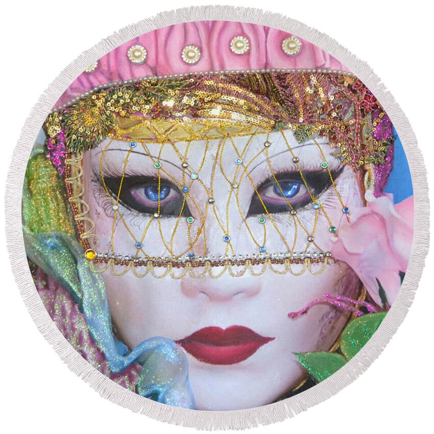 Mixed Media Painting Round Beach Towel featuring the mixed media Carolinia from the Carnival of Venice Anni Adkins by Anni Adkins