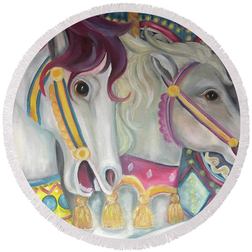 Carnaval Round Beach Towel featuring the painting Carousel Horses by Barbara Landry