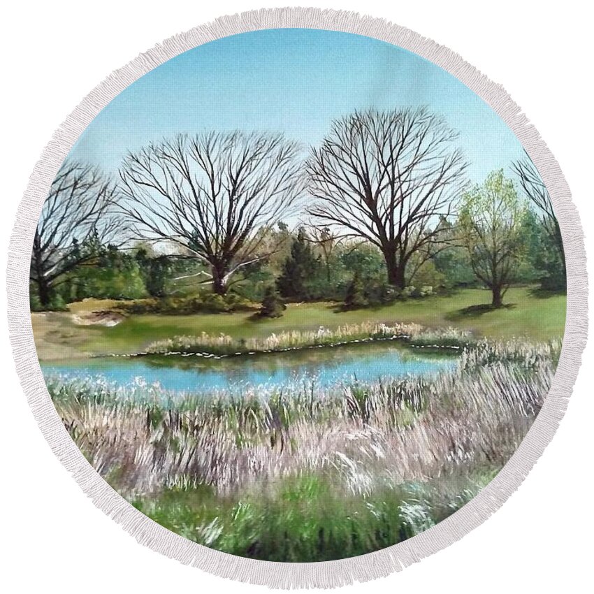 Pond Round Beach Towel featuring the painting Carp Pond in Early Spring by Mindy Gibbs