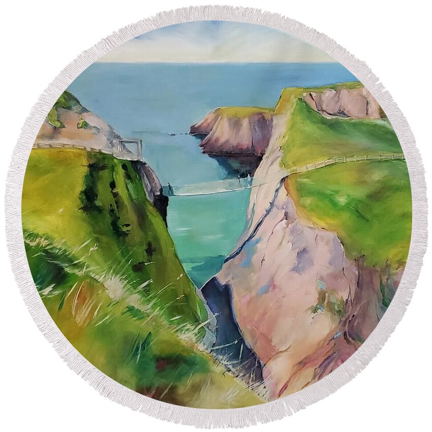 Landscape Round Beach Towel featuring the painting Carrick-a-Rede Rope Bridge by Sheila Romard
