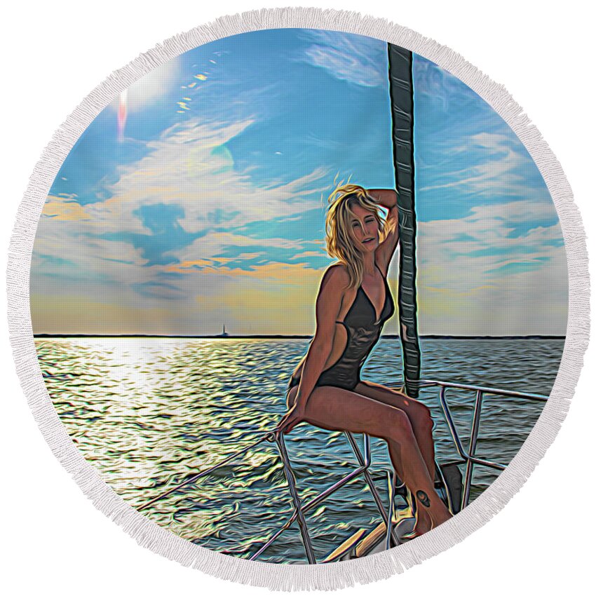 Blonde Round Beach Towel featuring the photograph Carrie on a Yacht by Alan Goldberg