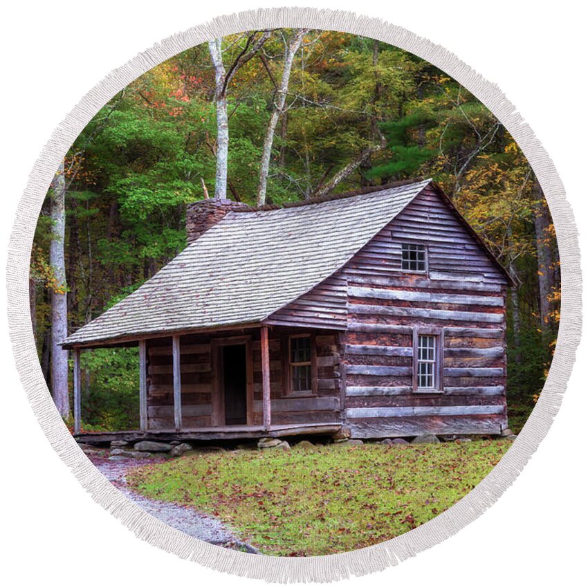 Smoky Mountains Round Beach Towel featuring the photograph Carter Shields Cabin in Autumn - Smoky Mountains by Susan Rissi Tregoning