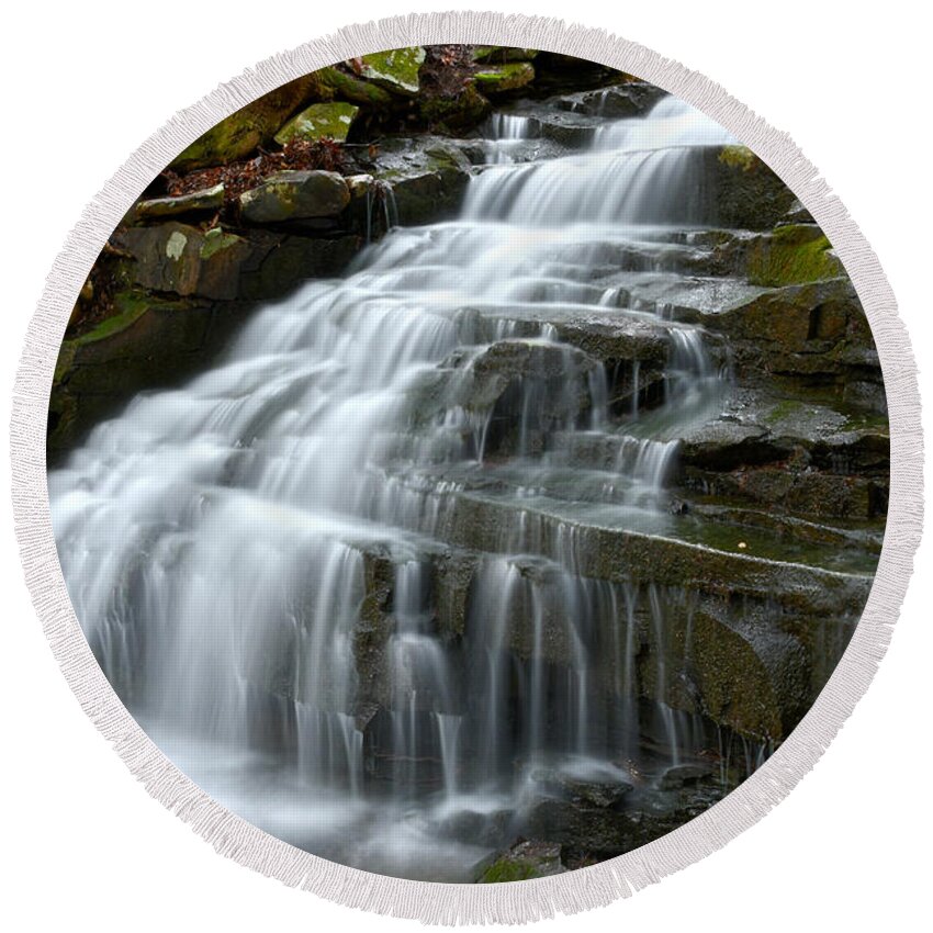 Big Branch Falls Round Beach Towel featuring the photograph Cascading Waterfall by Phil Perkins