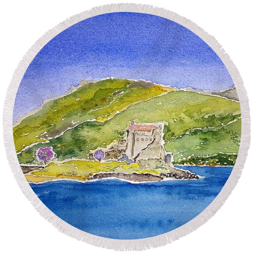 Watercolor Round Beach Towel featuring the painting Castle Eilean Donan by John Klobucher
