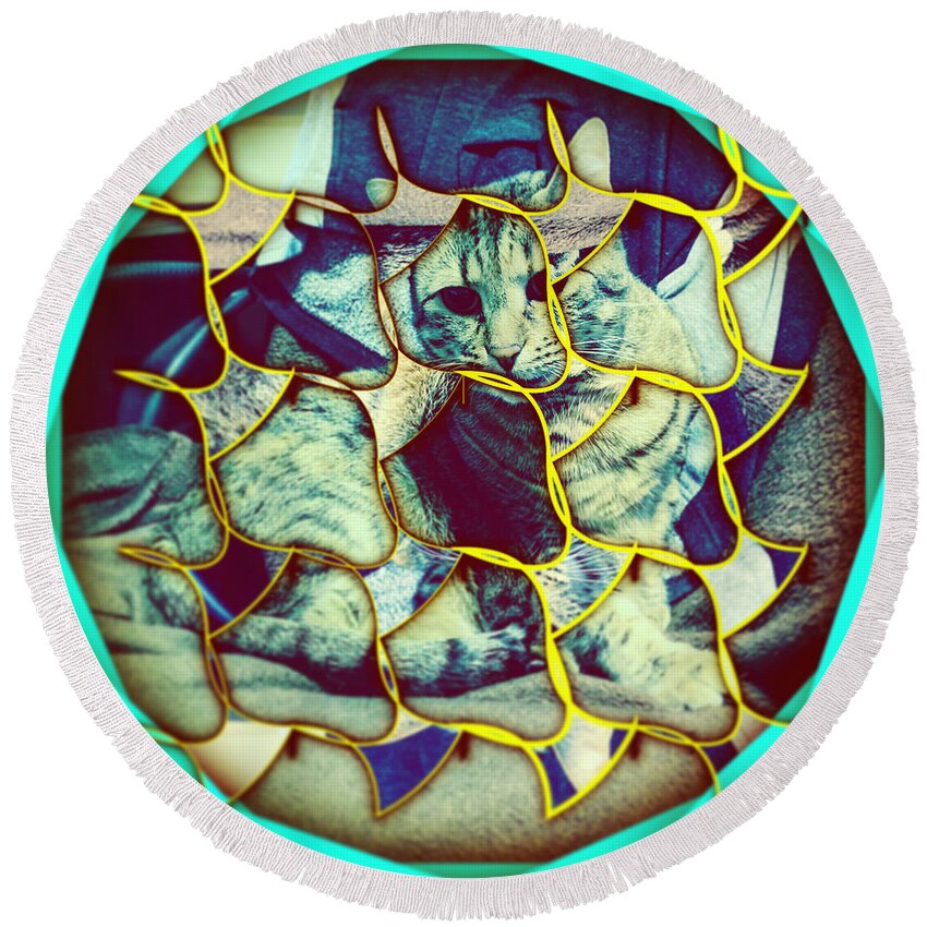 Abstract Round Beach Towel featuring the digital art Cat 2 by Marko Sabotin