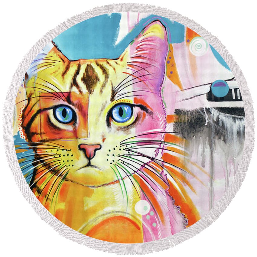 Cat Art Round Beach Towel featuring the painting Cat and Bird by Amy Giacomelli