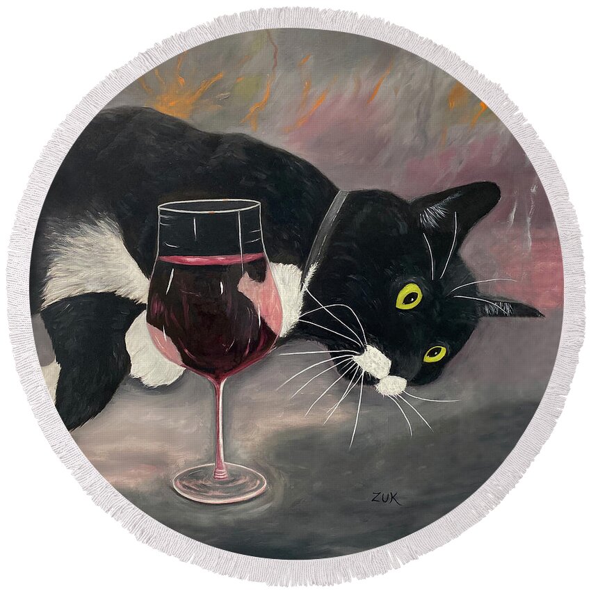 Cat Round Beach Towel featuring the painting Tuxedo Cat and Red Wine by Karen Zuk Rosenblatt