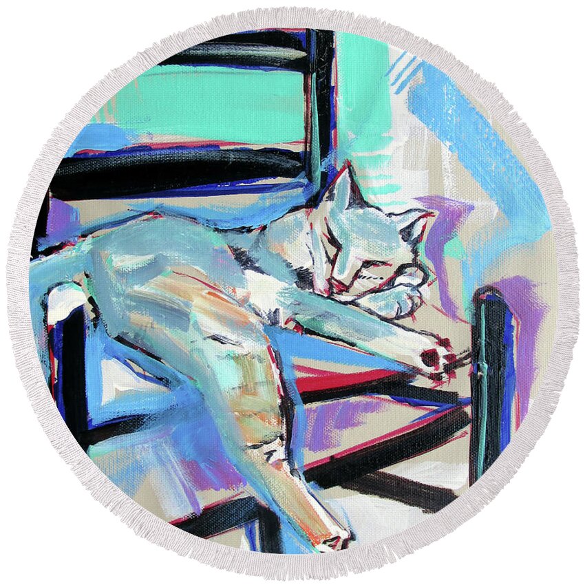 Cat Chair Round Beach Towel featuring the painting Cat Chair by John Gholson