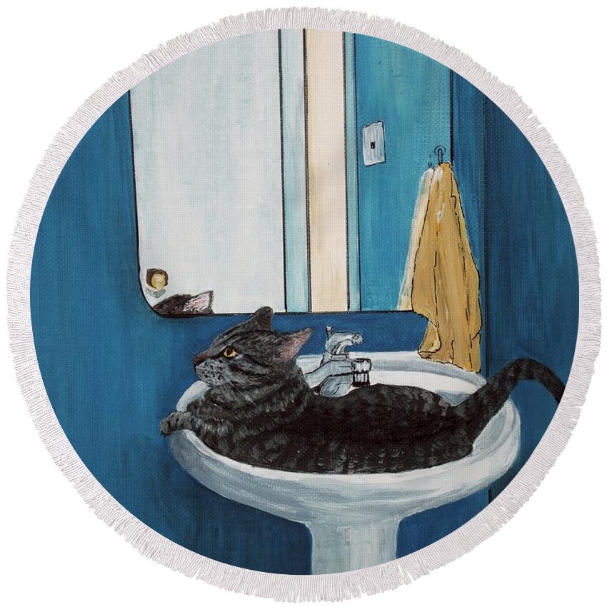 Malakhova Round Beach Towel featuring the painting Cat in a Sink by Anastasiya Malakhova