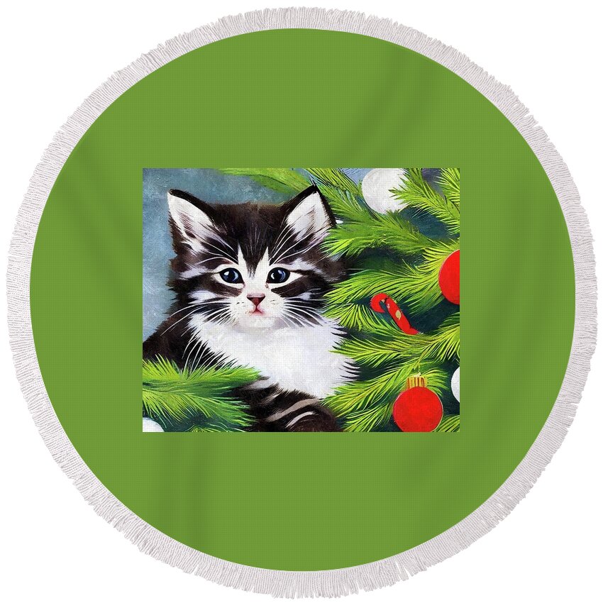 Kitten Round Beach Towel featuring the digital art Cat in the Christmas Tree by Ally White