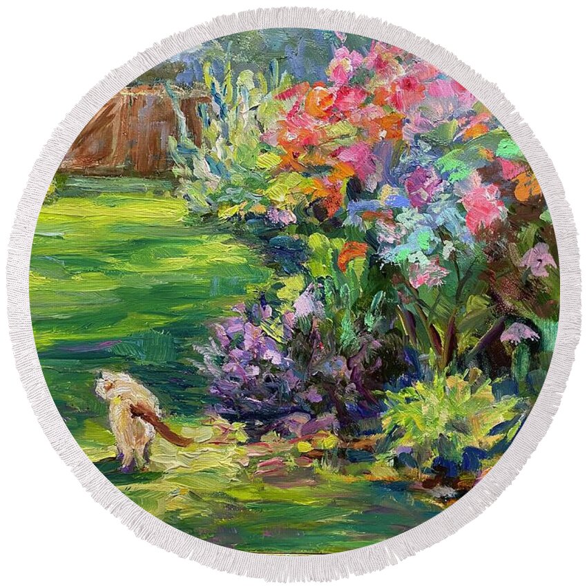 Cat Round Beach Towel featuring the painting Cat in the Garden by Madeleine Shulman