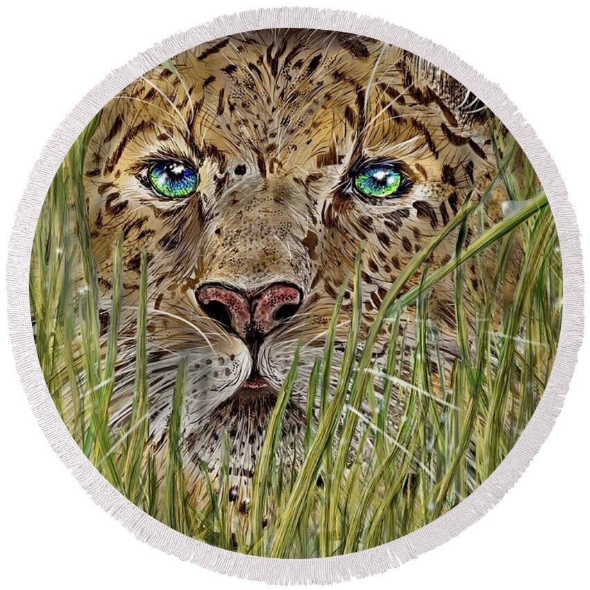 Grass Round Beach Towel featuring the digital art Cat in the grass by Darren Cannell
