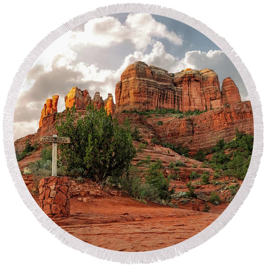 Arizona Round Beach Towel featuring the photograph Cathedral Rock Hiking Trail in Sedona Arizona by Good Focused