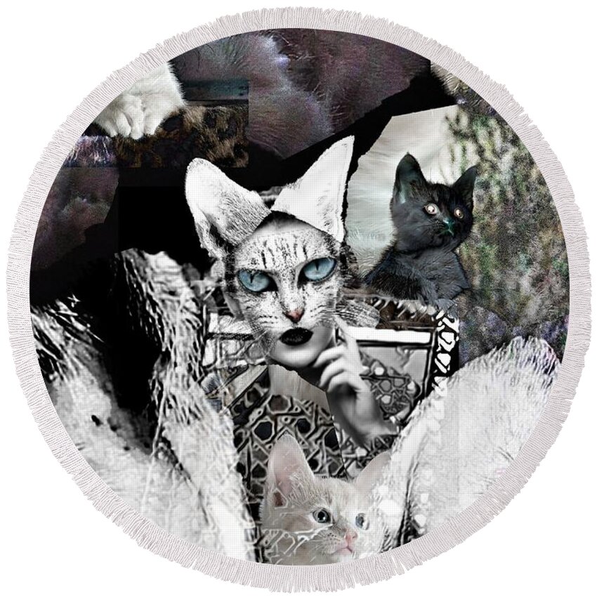 Surrealism Round Beach Towel featuring the digital art Catwoman by Gunilla Munro Gyllenspetz