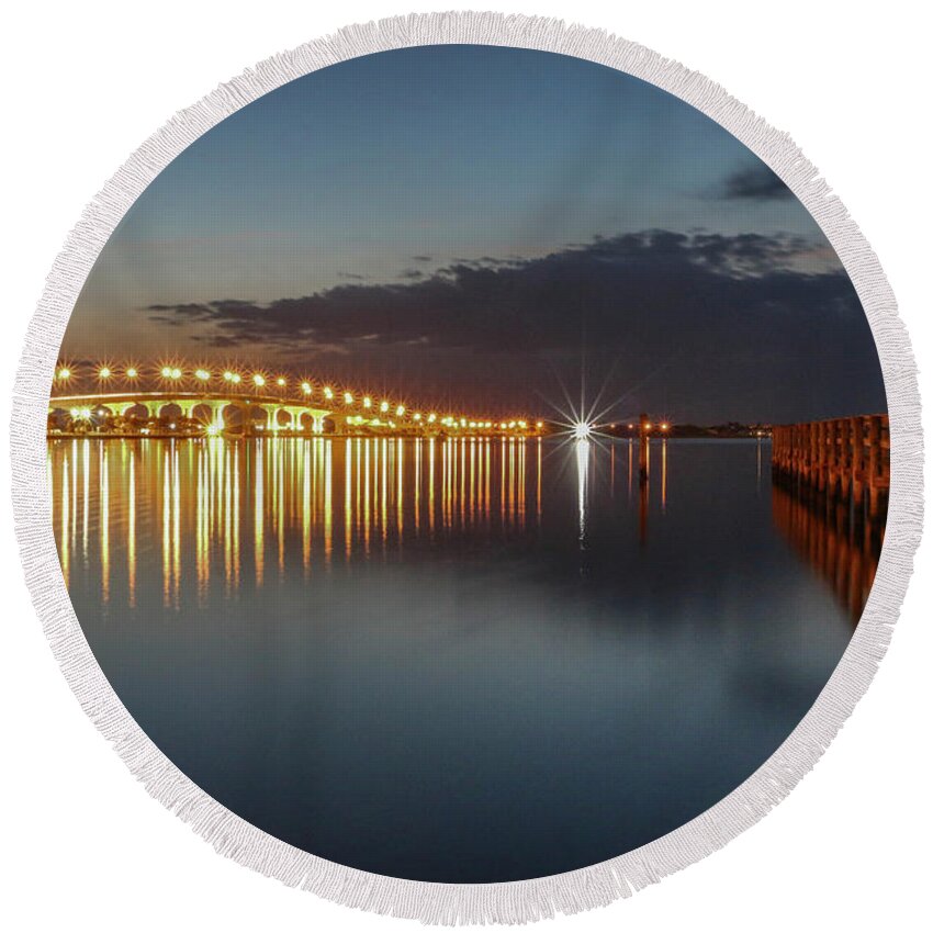 Causeway Round Beach Towel featuring the photograph Causeway and Pier by Tom Claud