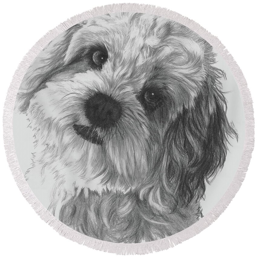 Designer Dog Round Beach Towel featuring the drawing Cava-Chon by Barbara Keith