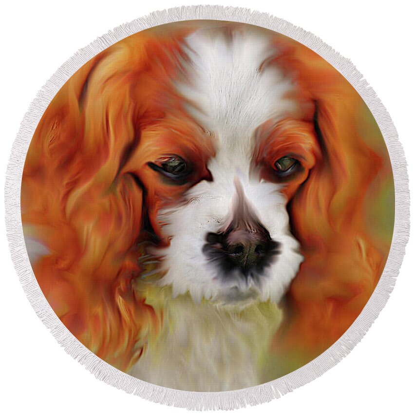 Red Round Beach Towel featuring the mixed media Cavalier King Charles Spaniel, Red Dog Portrait by Shelli Fitzpatrick