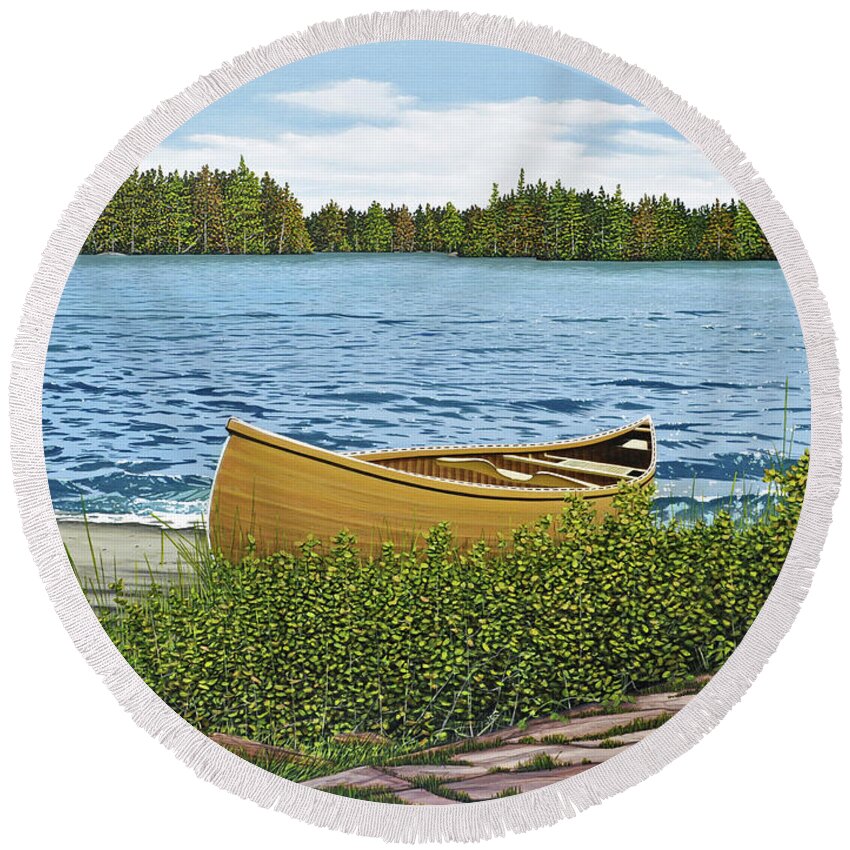 Landscapes Round Beach Towel featuring the painting Cedar Canoe by Kenneth M Kirsch