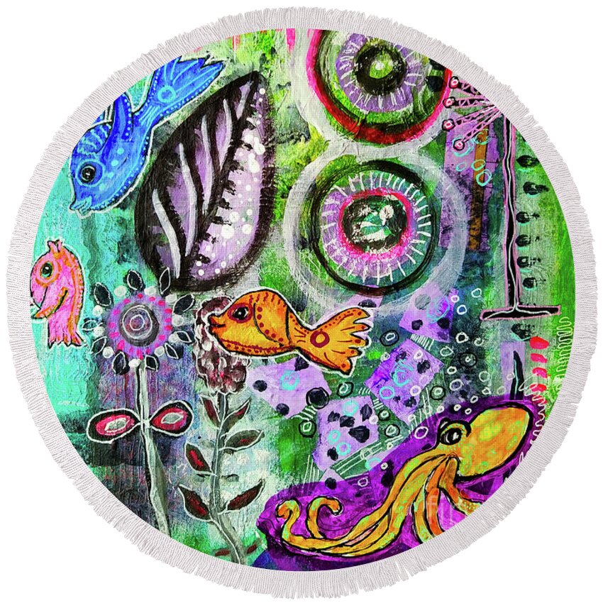 Deep Sea Round Beach Towel featuring the mixed media Cedric Octopus Sitting in a Cloud of Deep Violet Ink by Mimulux Patricia No
