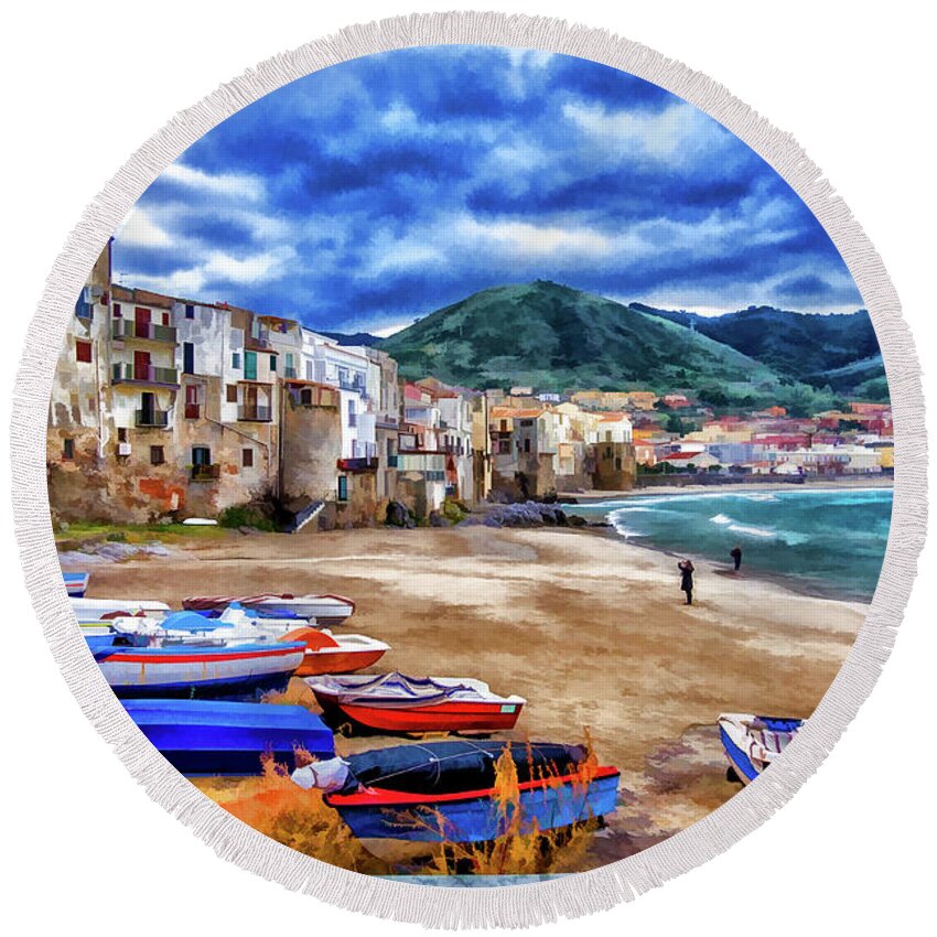 Italy Round Beach Towel featuring the photograph Cefalu Waterfront by Monroe Payne