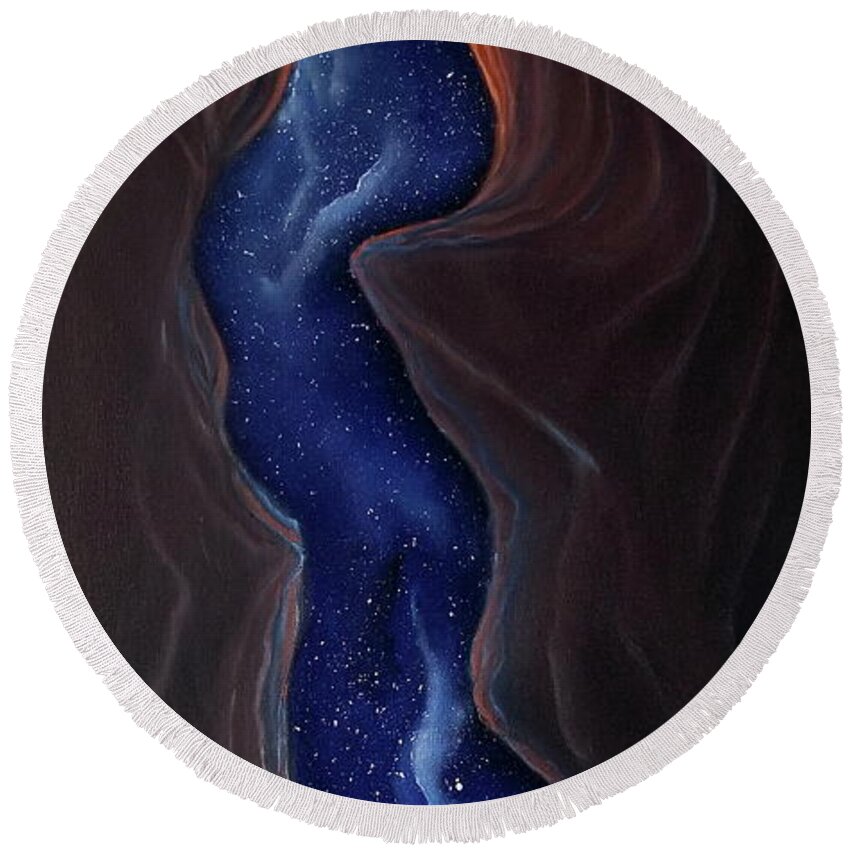Slot Canyon Round Beach Towel featuring the painting Celestial River by Neslihan Ergul Colley