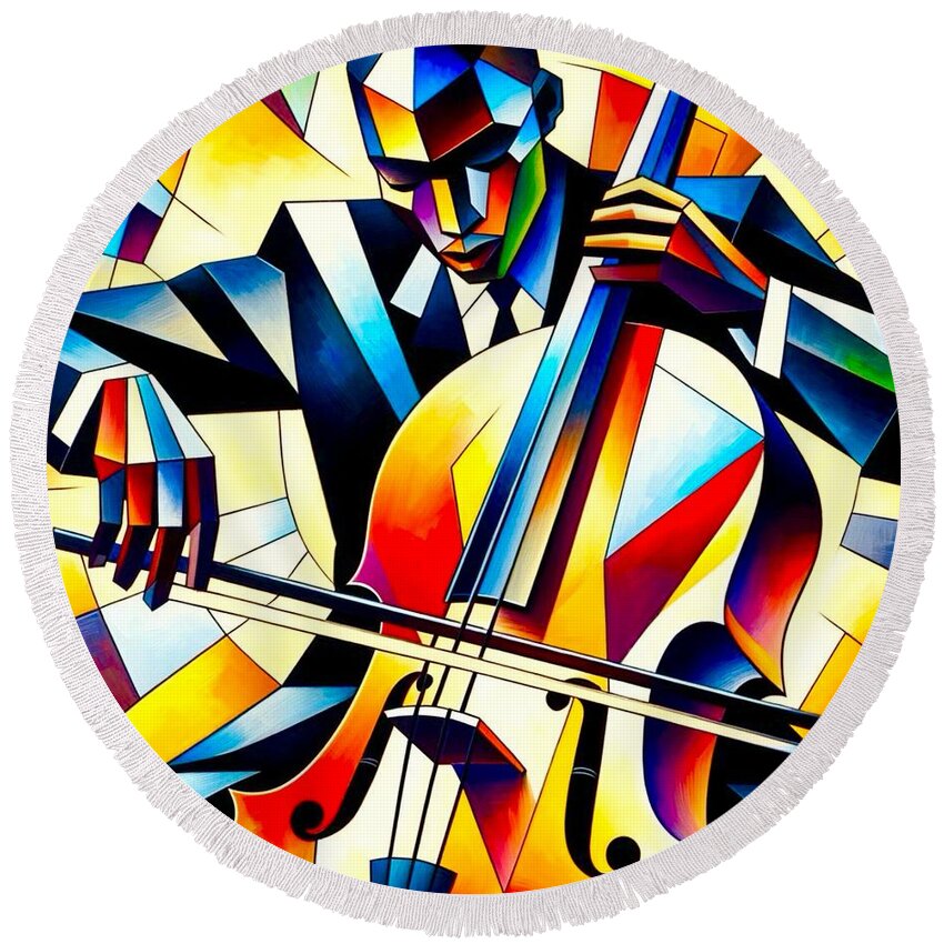 Cellist Round Beach Towel featuring the painting Cellist by Emeka Okoro