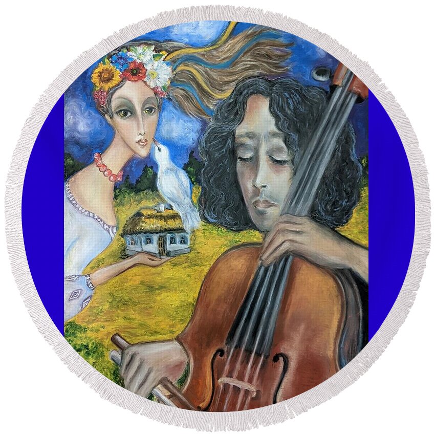 Ukraine Round Beach Towel featuring the painting Cello For Peace by Yana Golberg